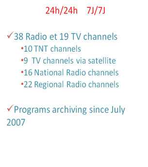24h/24h    7J/7J  38 Radio et 19 TV channels 10 TNT channels 9  TV channels via satellite 16 National Radio channels 22 Regional Radio channels  Programs archiving since July 2007